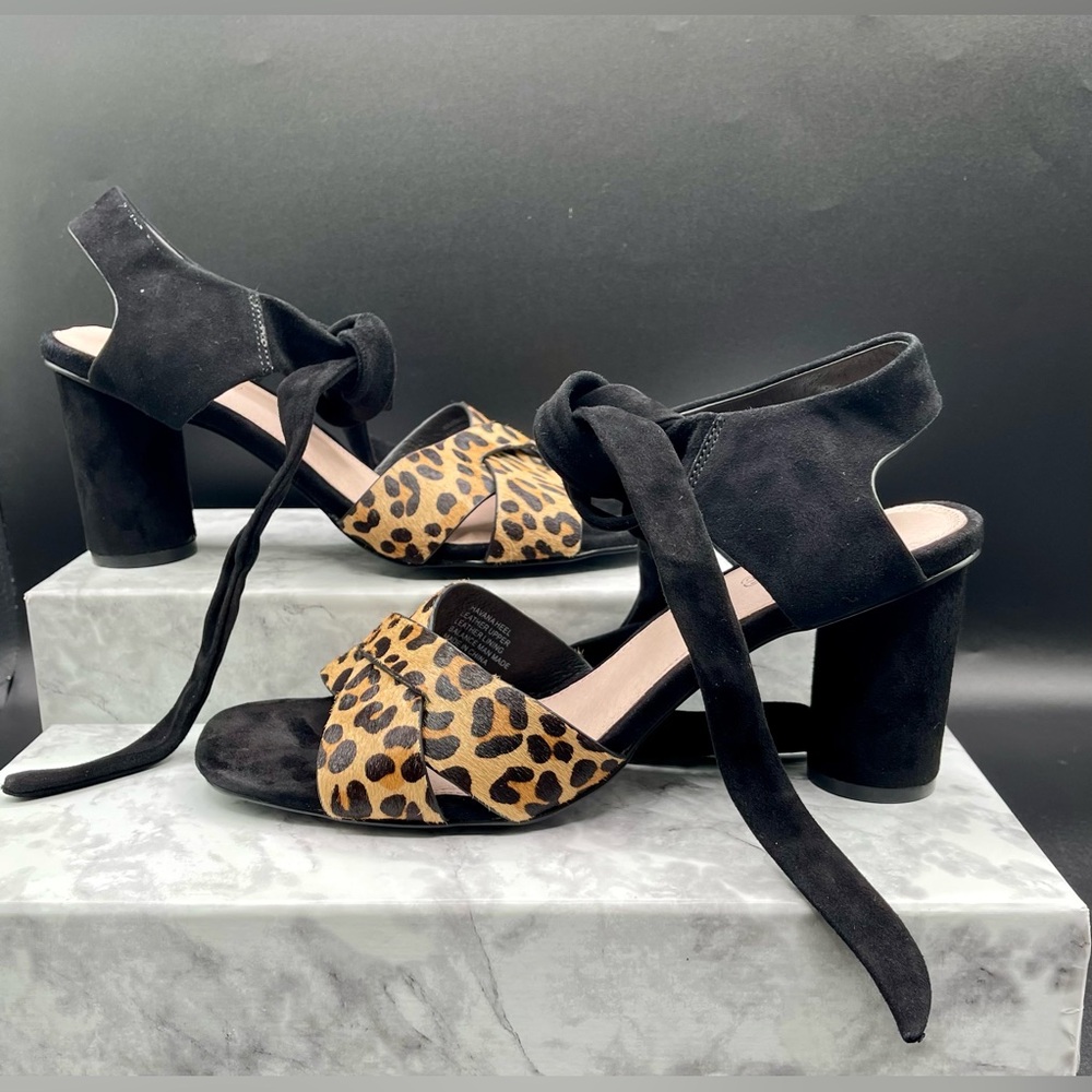 LuLaRoe Habana Ankle Lace-Up Heeled Sandal in Black Leather-Leopard Print. 8.5 B